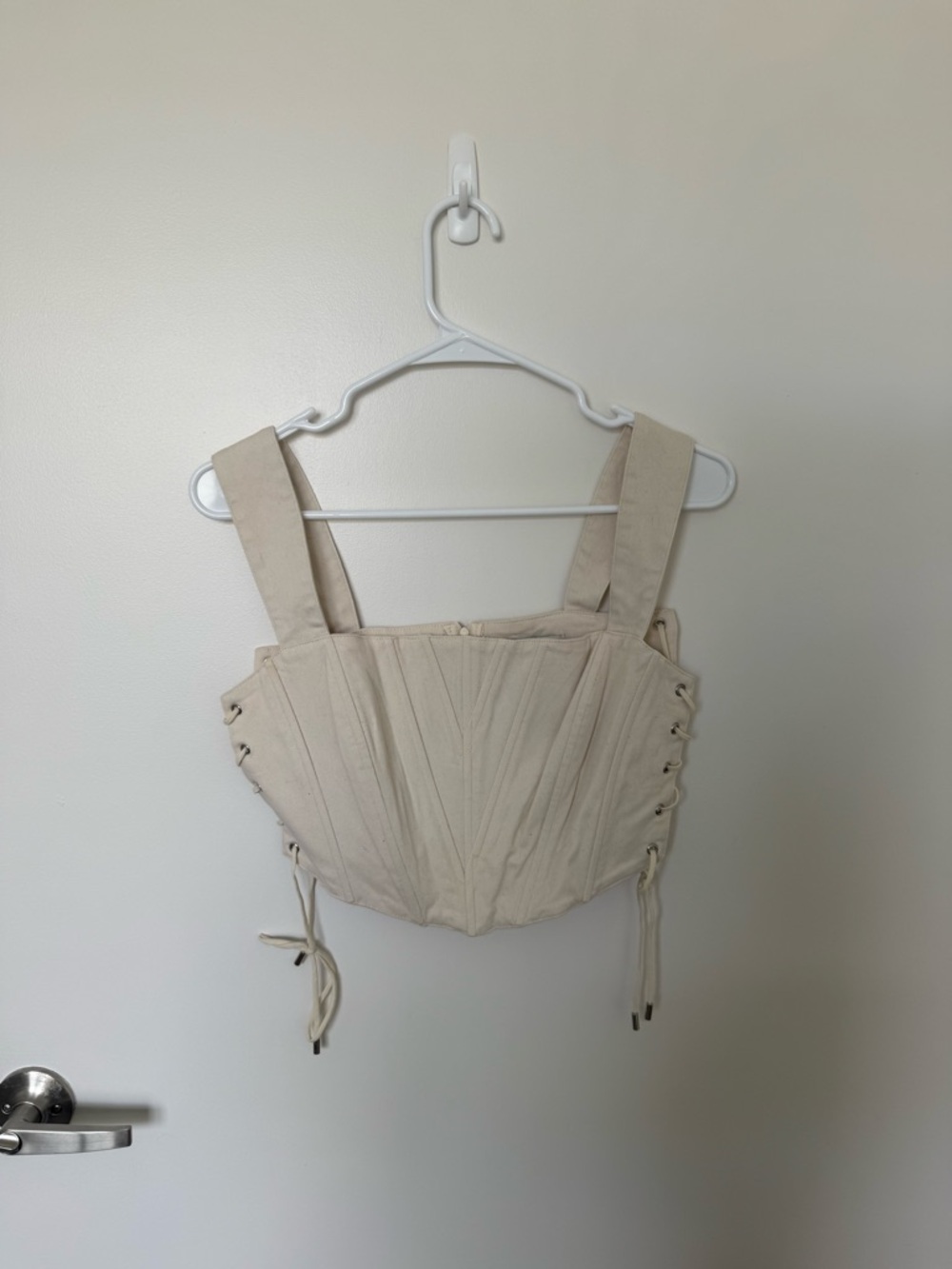 Moon River Wide-Strap Lace-Up Corset Tank in Light Beige